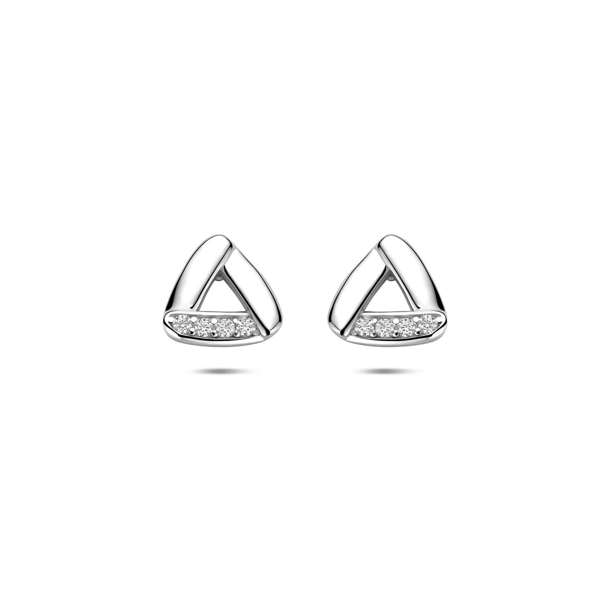 Orecchini in argento rodiato 925 con zircone, forma triangolare con dettagli lucidi.