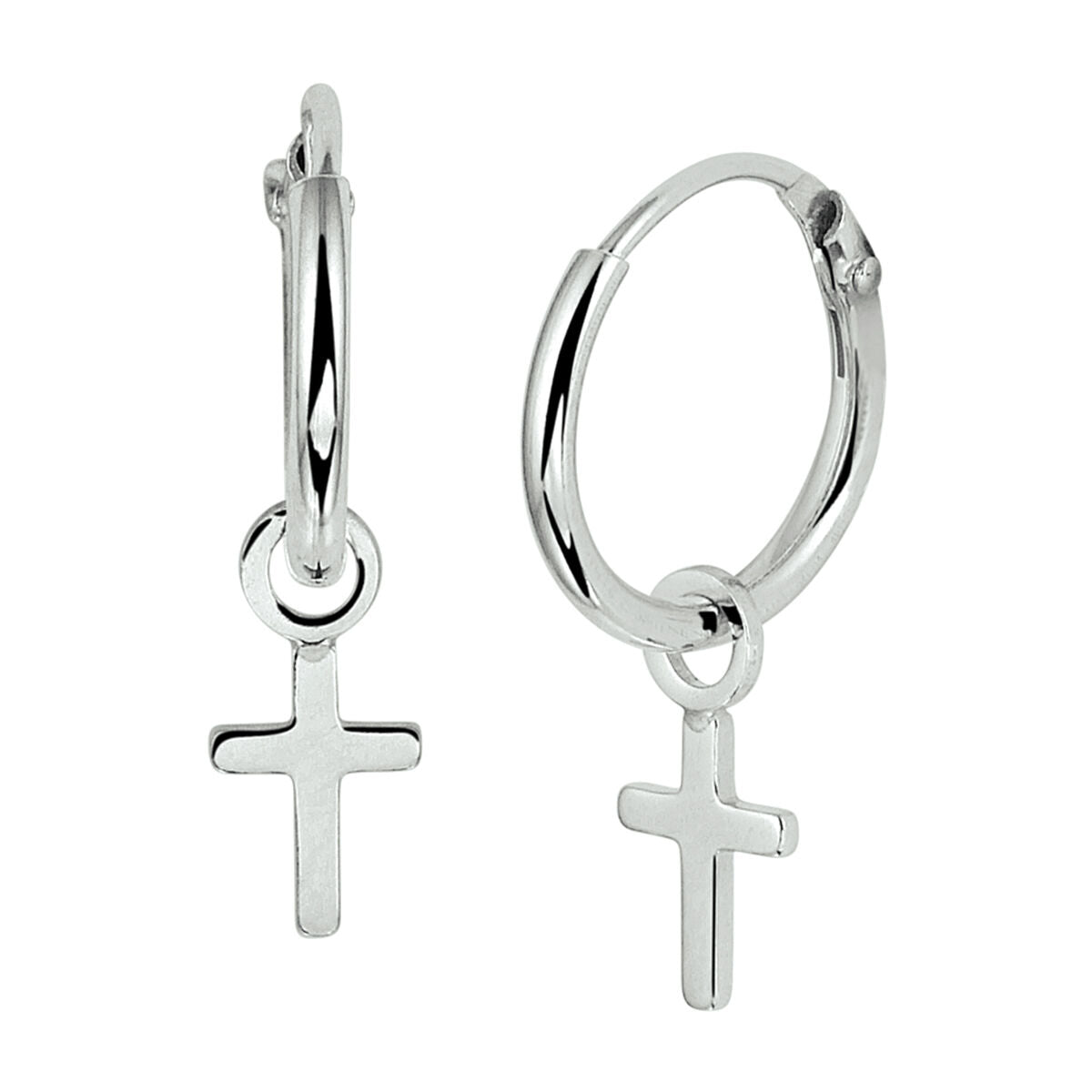 Orecchini alla creola in argento rodiato con pendente a croce.