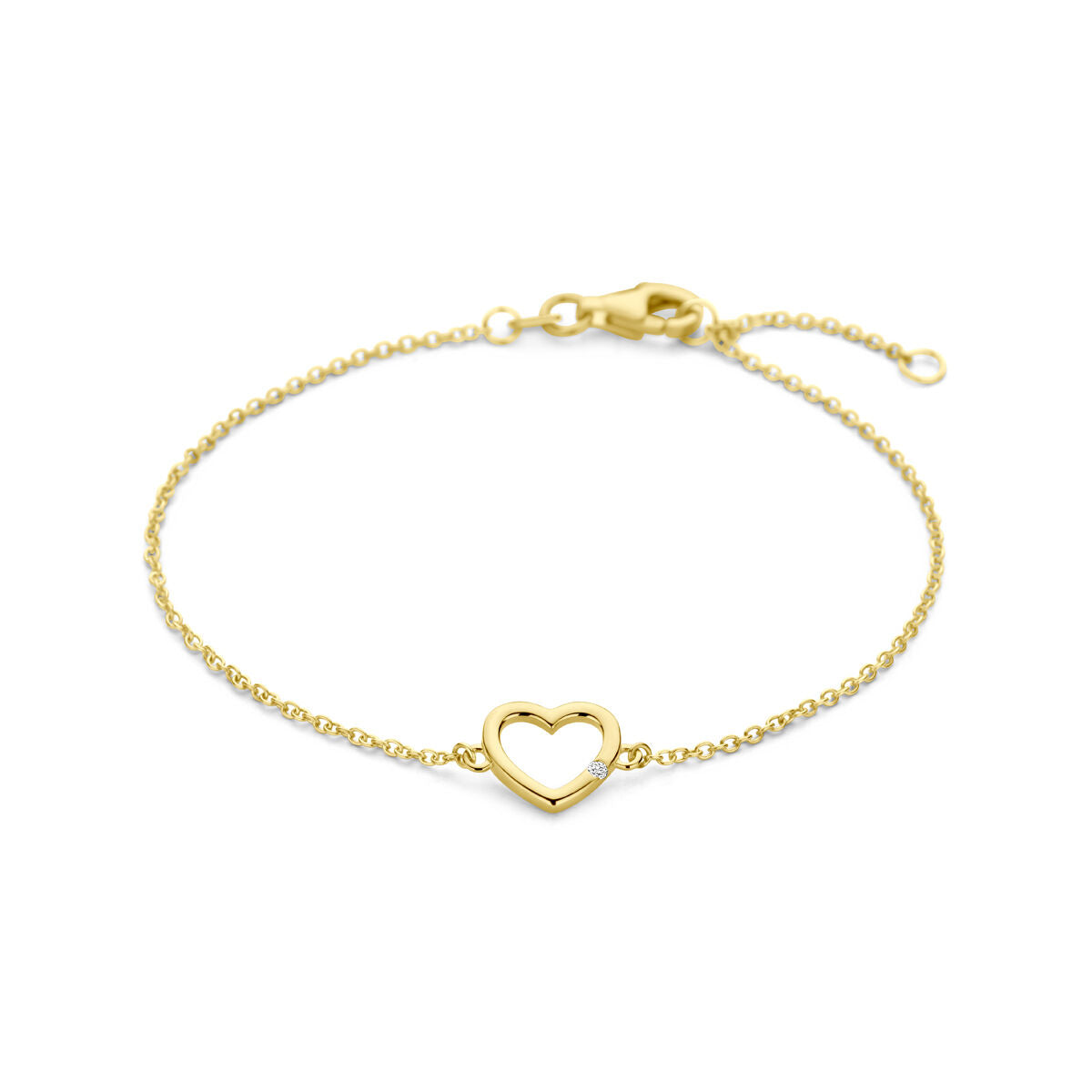 Bracciale in oro giallo 14K con pendente a forma di cuore e diamante.
