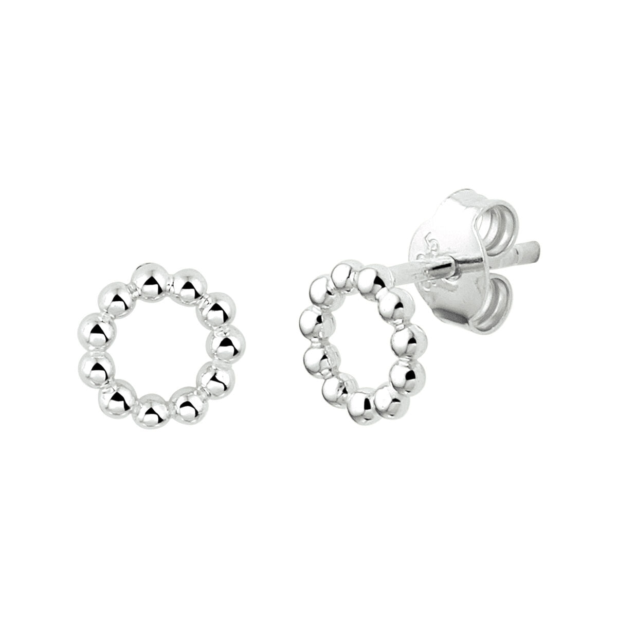 Orecchini rotondi in argento rodiato con pallini decorativi.