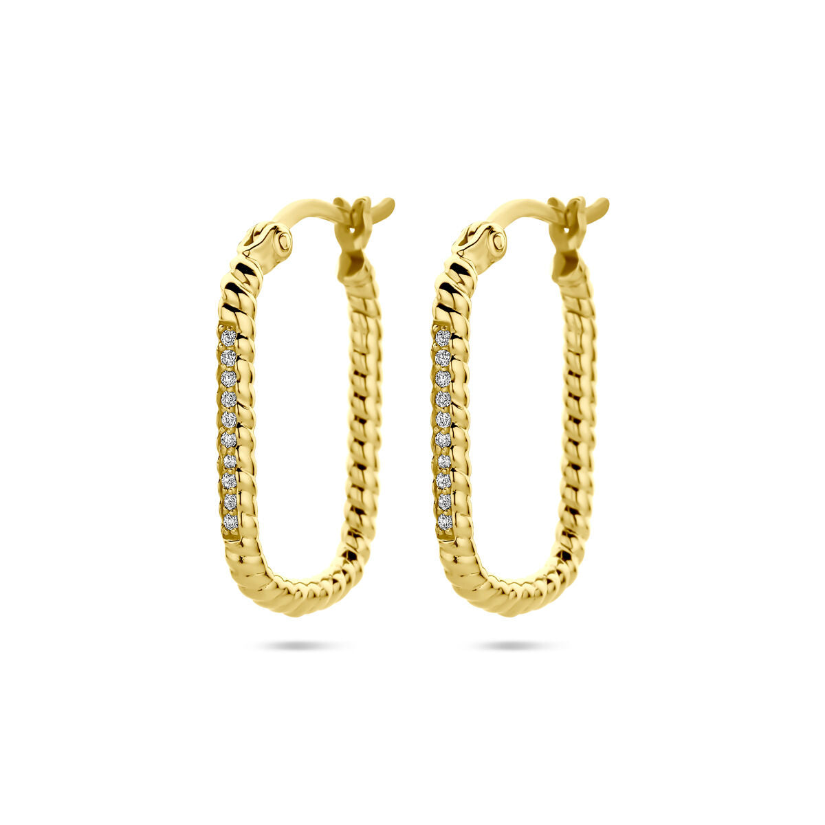 Orecchini in argento placcato oro giallo con zirconi, forma ovale e finitura lucida.