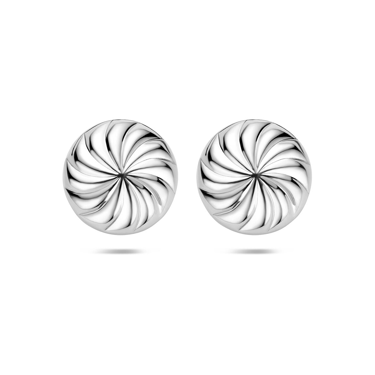 Orecchini a bottone in argento 925, finitura rodiata, con motivo a spirale.