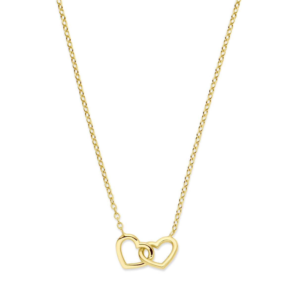 Collana in oro giallo 14K con pendente a forma di cuori intrecciati.