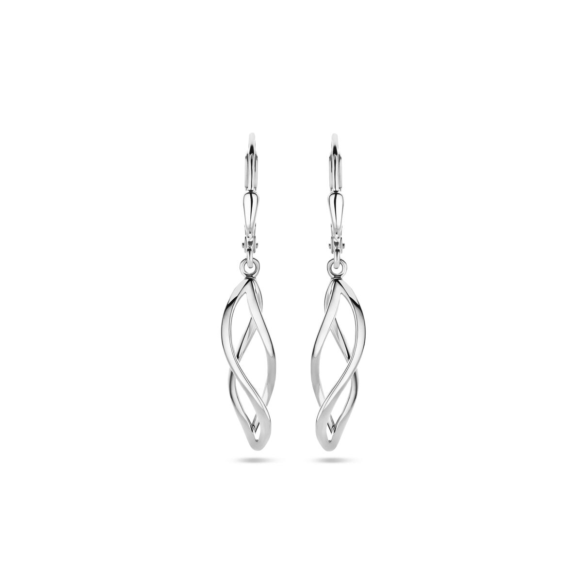Orecchini pendenti in argento rodiato con design intrecciato, lunghezza 36 mm.