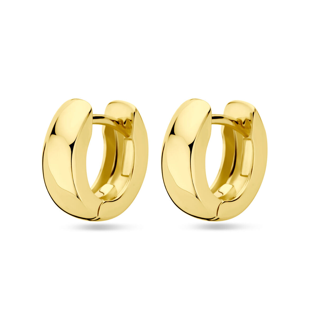 Klapoorringen van 1 micron zilver verguld in een glanzende gele afwerking, met een breedte van 13 mm.