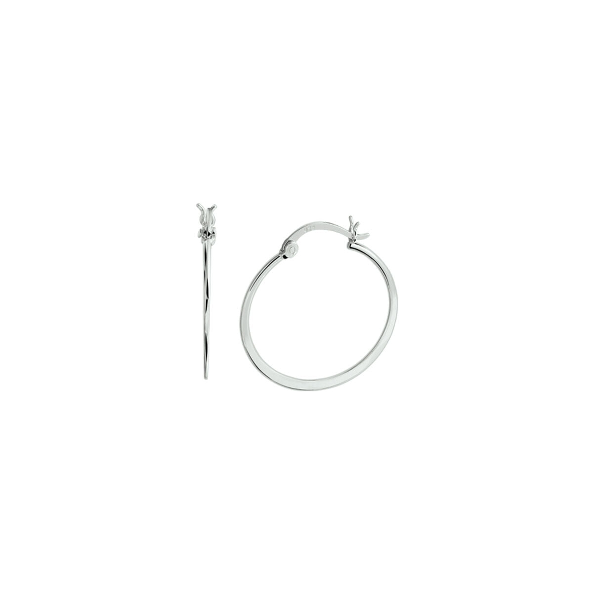Orecchini alla creola in argento rodiato con chiusura a scatto.