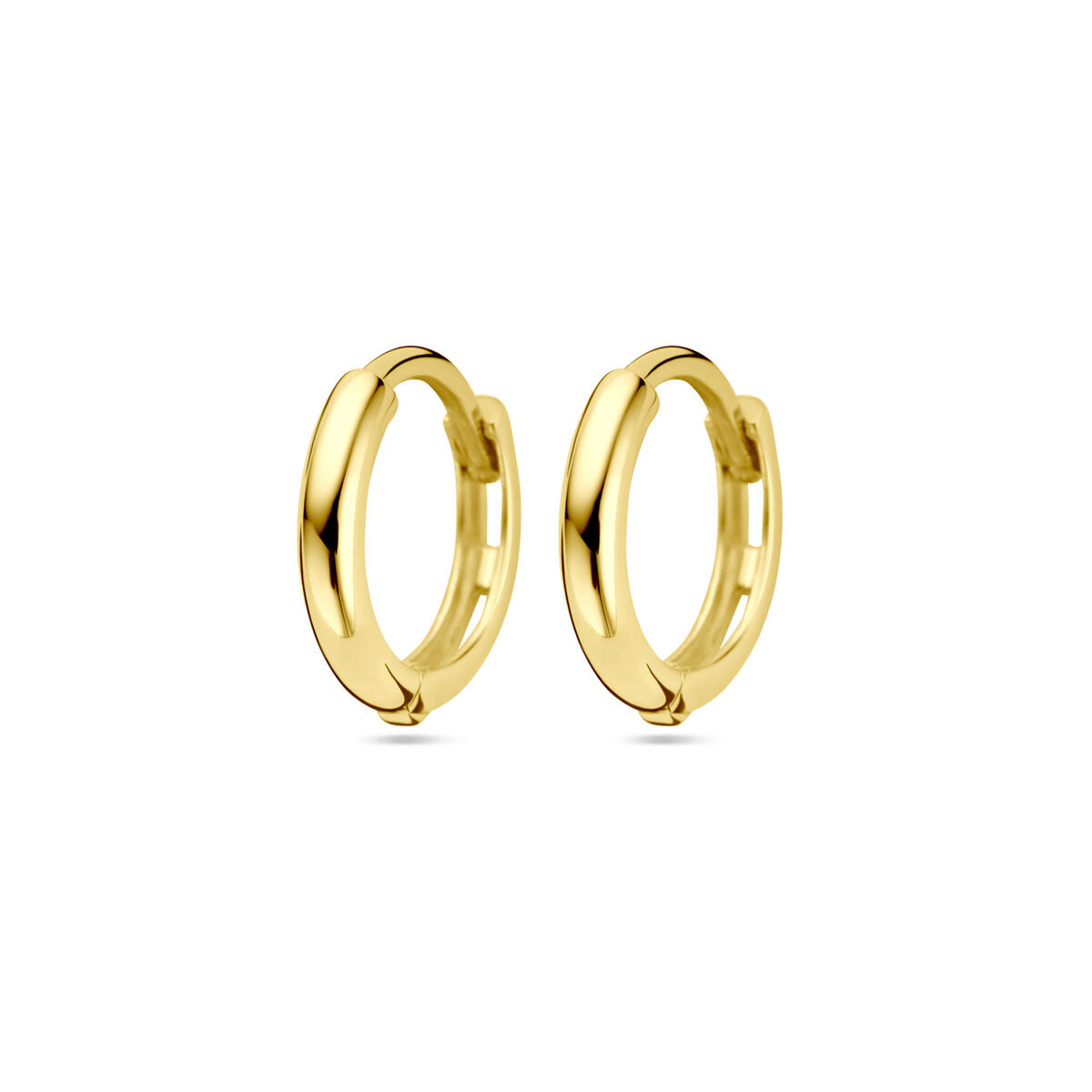 Orecchini alla creola in oro giallo 9 carati, diametro 11 mm, finitura lucida.