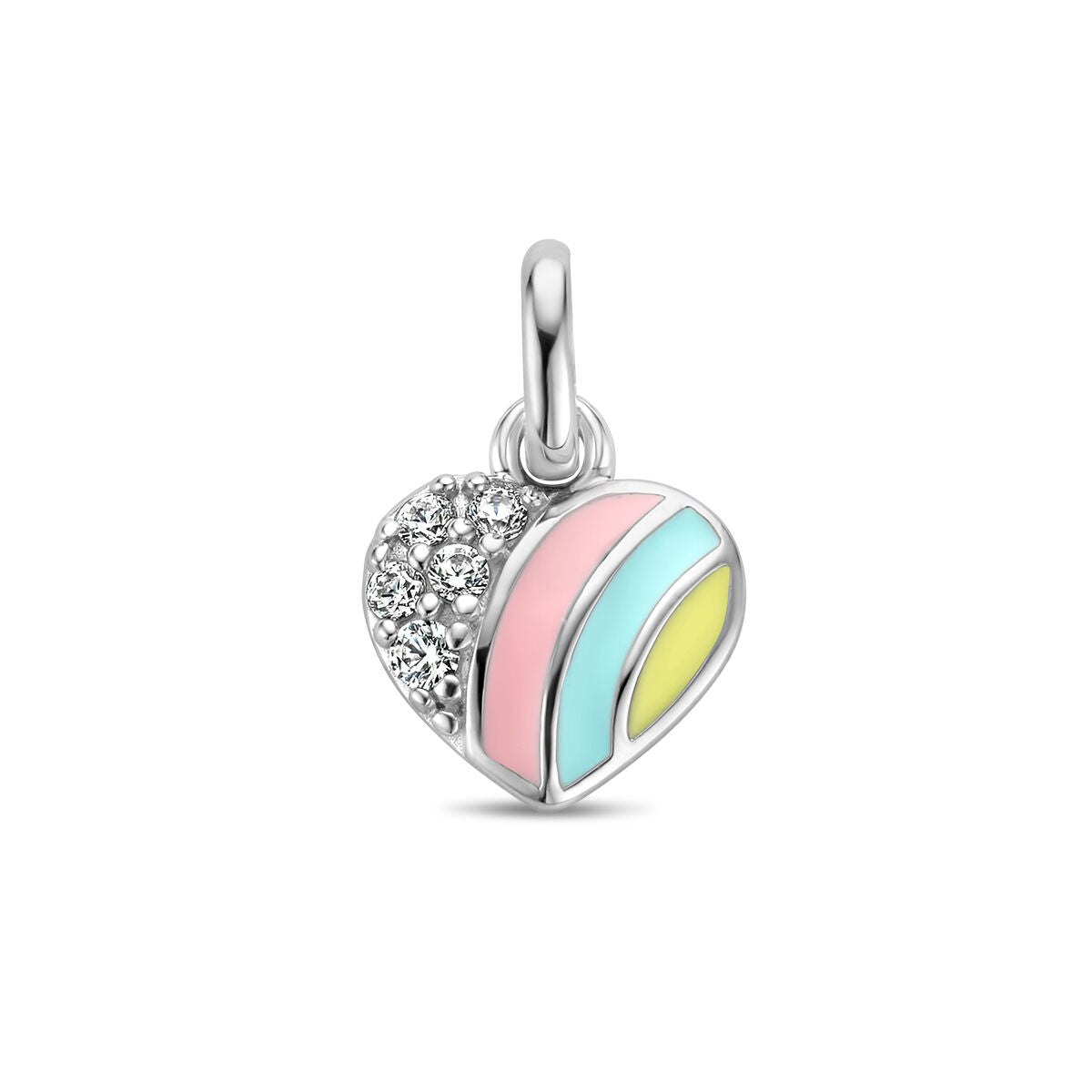 Ciondolo a forma di cuore in argento rodiato con zircone e smalti colorati.