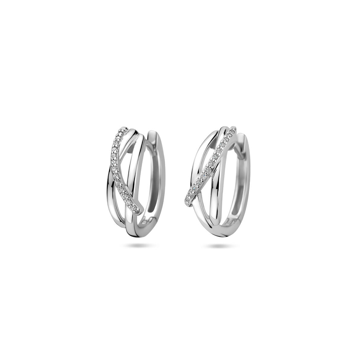 Orecchini alla creola in argento rodiato con zircone, misura 16 mm, design intrecciato.