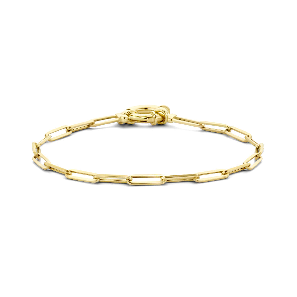 Bracciale in oro giallo 14K con maglie a forma di clip di carta, lunghezza 18 cm e chiusura grande.