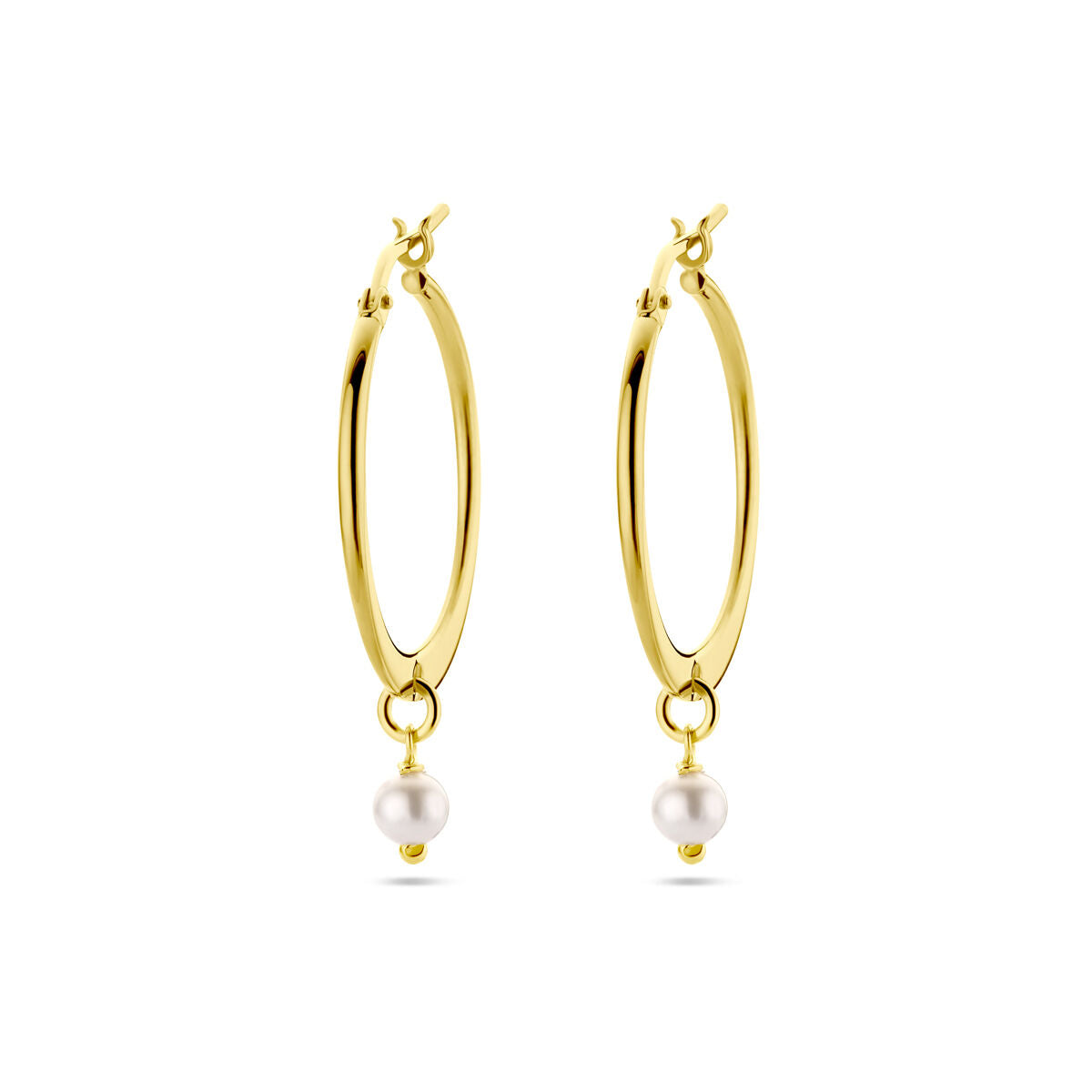 Orecchini alla creola in argento placcato oro giallo con perla sintetica pendente.