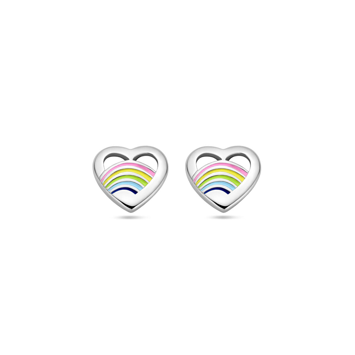 Orecchini a forma di cuore in argento rodiato con smalto multicolore.