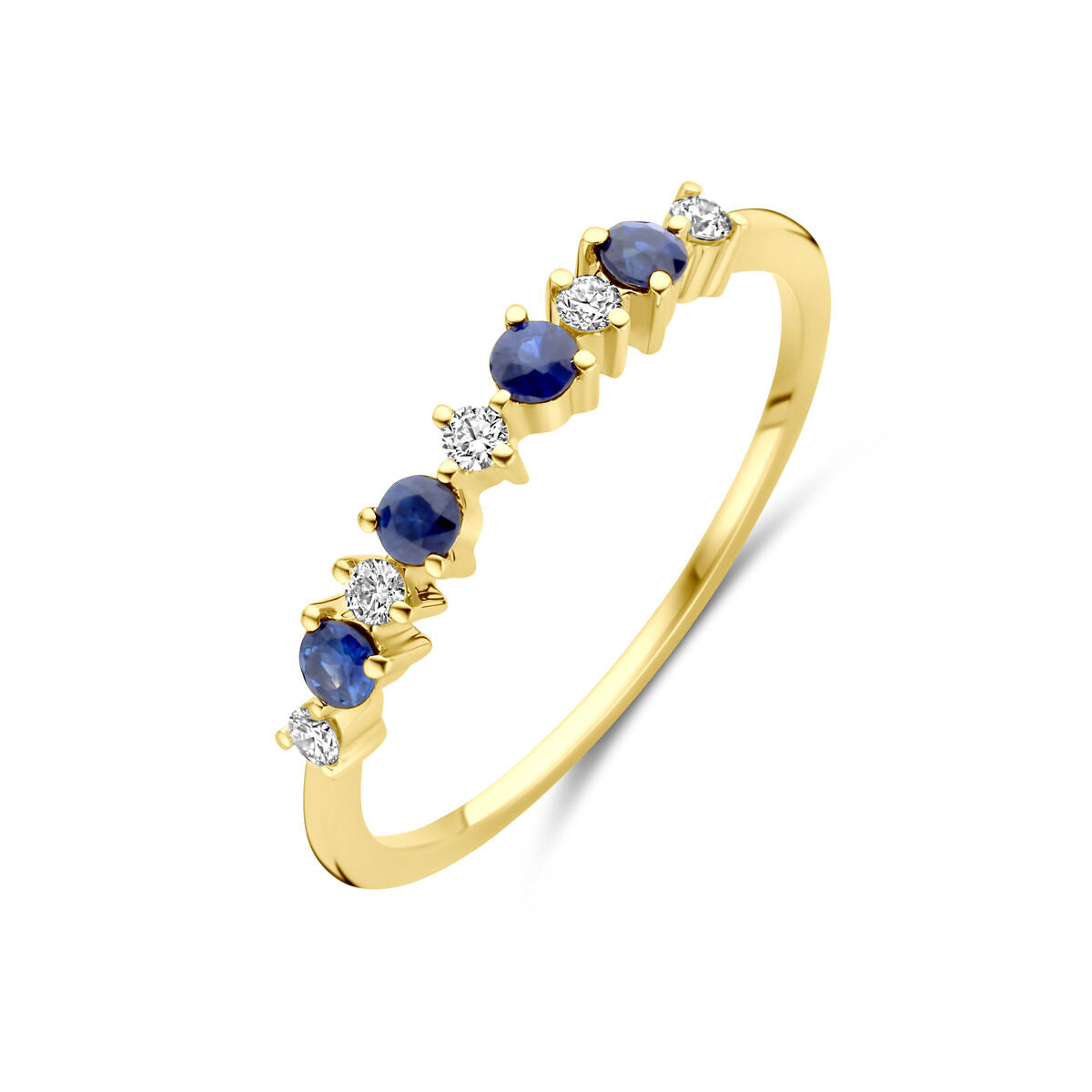 Anello in oro giallo 14K con zaffiri blu e diamanti da 0,08 ct.