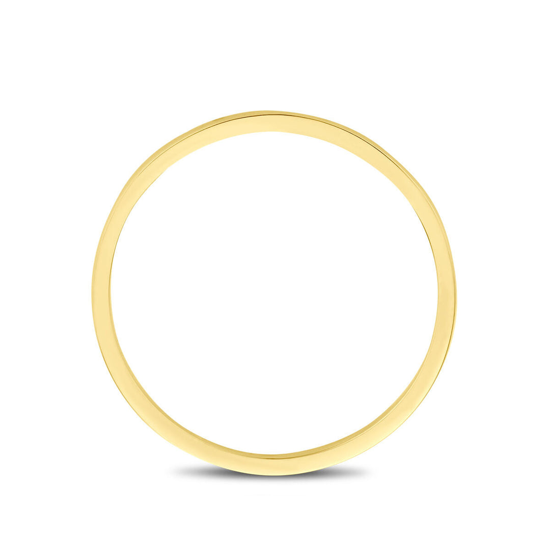 Een strakke, dunne ring 14K geelgoud van Van der Kooij Collectie staat rechtop op een witte achtergrond en werpt daaronder een zachte schaduw.