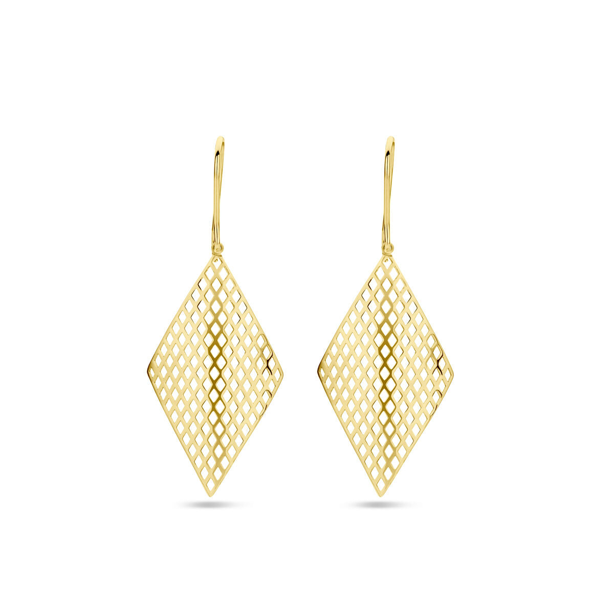 Orecchini a forma di rombo in oro giallo 14K con motivo a rete.