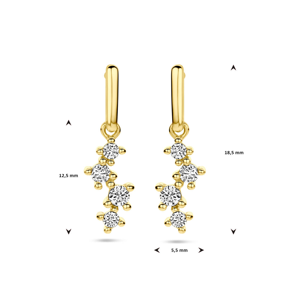 Van der Kooij Collectie oorhangers zirkonia 14K geelgoud: drie verticale clusters ronde zirkonia, dames sieraden, 18,5 mm lang en 12,5 mm breed vanaf de haak, gefotografeerd op een witte achtergrond.