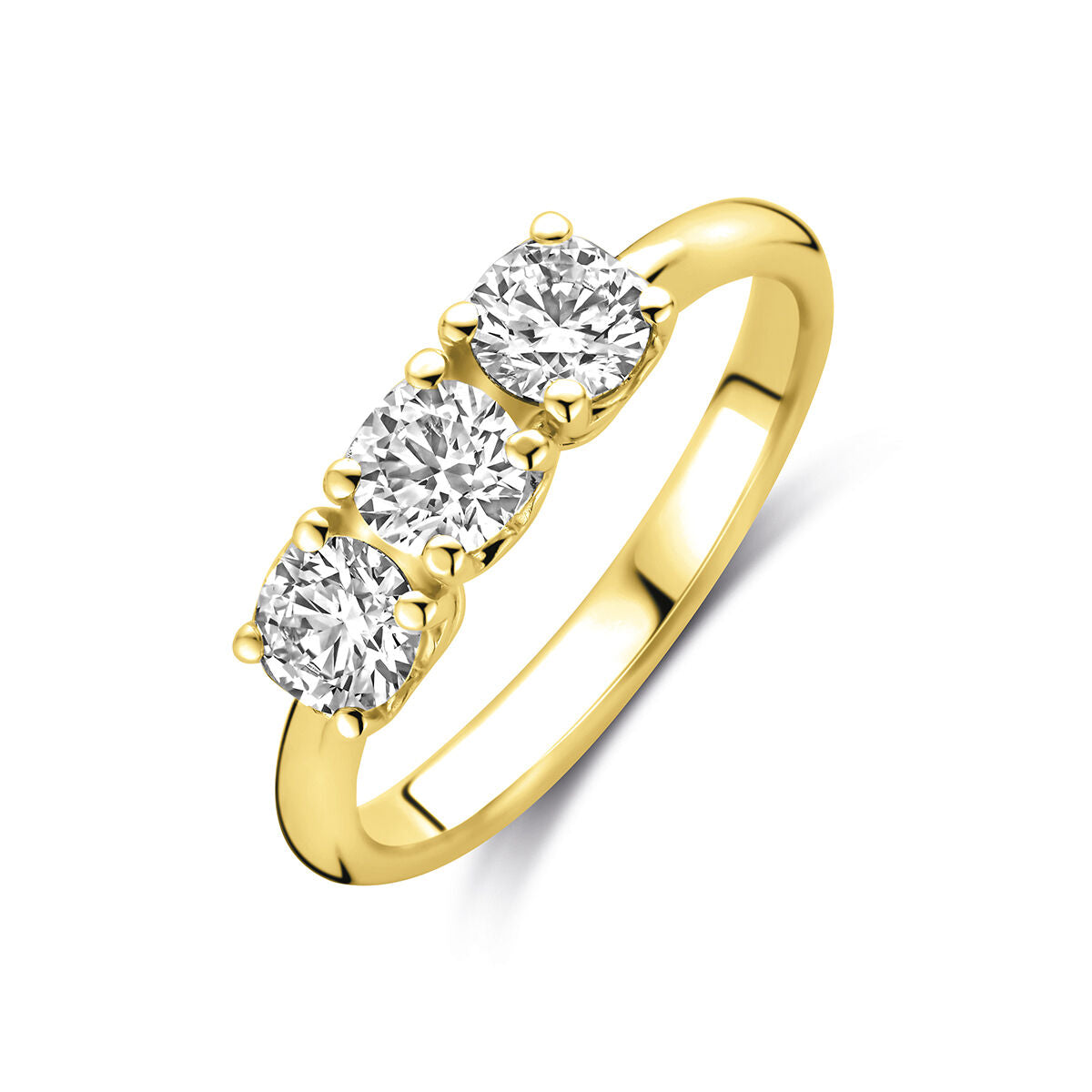 Anello da donna in oro giallo 14k con tre diamanti lab grown da 0,90 ct.