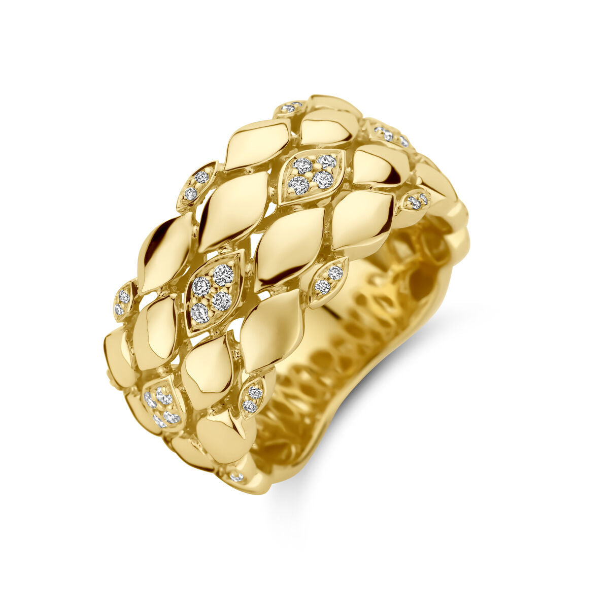 Anello in oro giallo 14K con diamanti da 0,17 ct, design intrecciato e dettagli brillanti.
