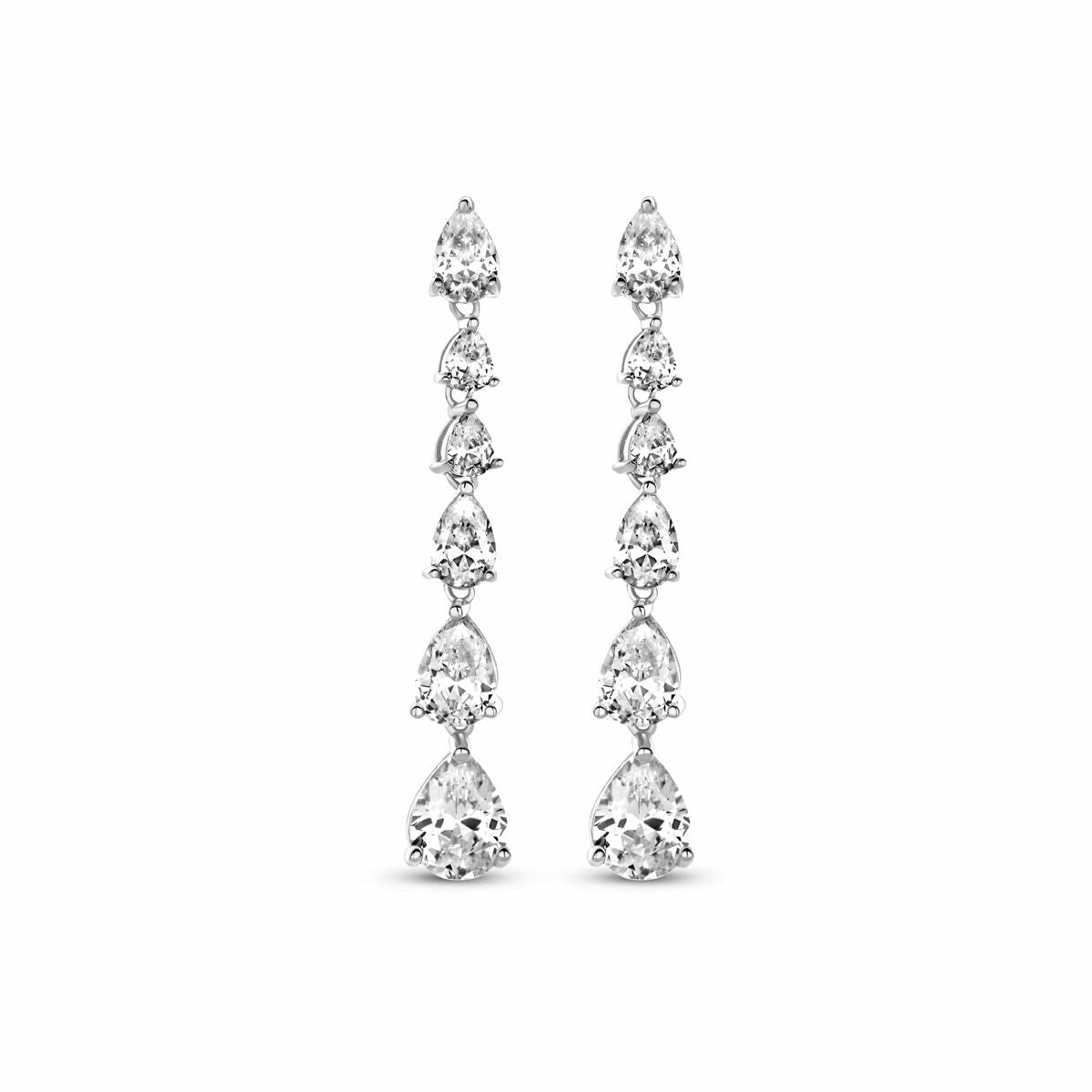 Orecchini pendenti in argento rodiato con zirconi, lunghi 42 mm, a forma di goccia.
