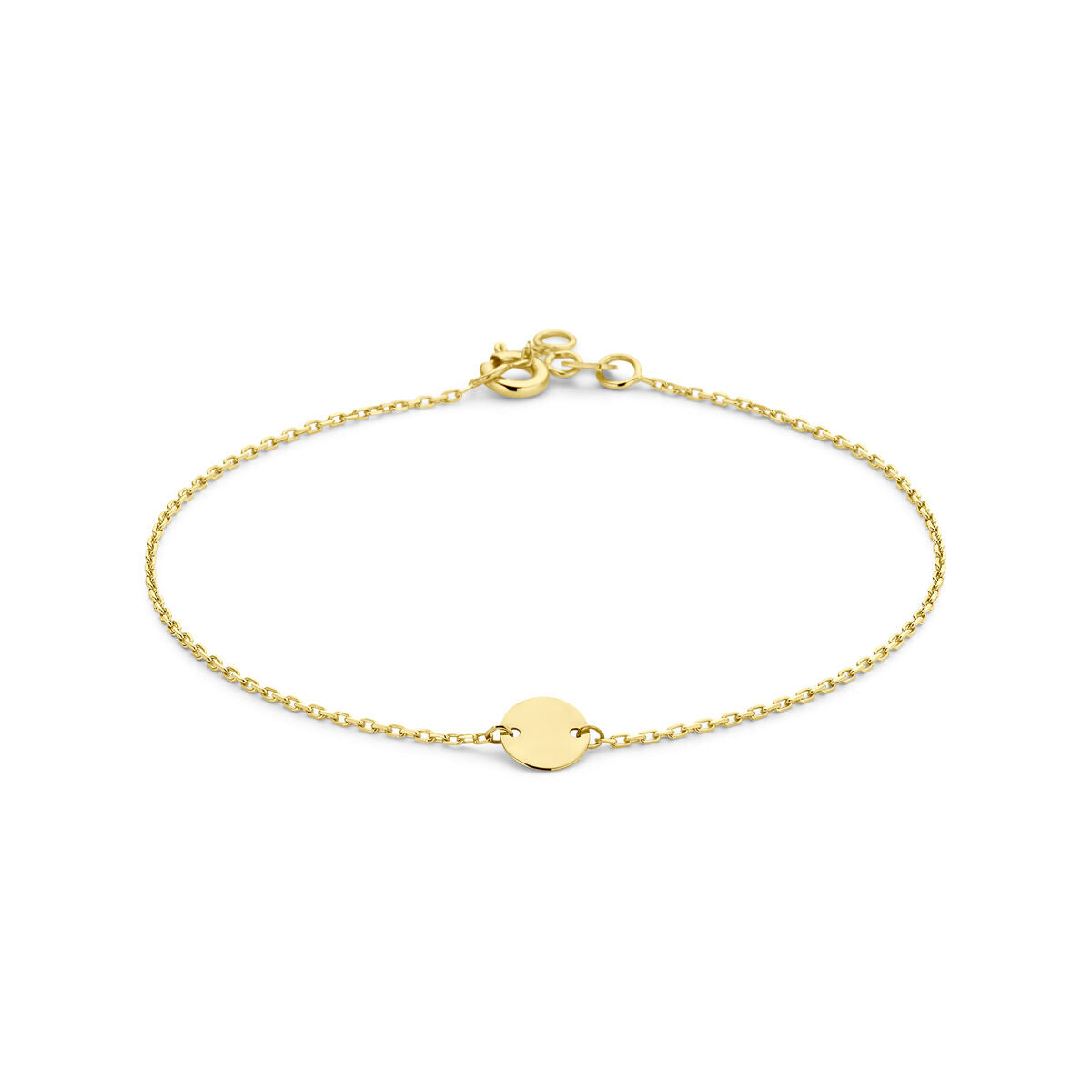Bracciale in oro giallo 14K con ciondolo circolare, lunghezza 18,5 cm.