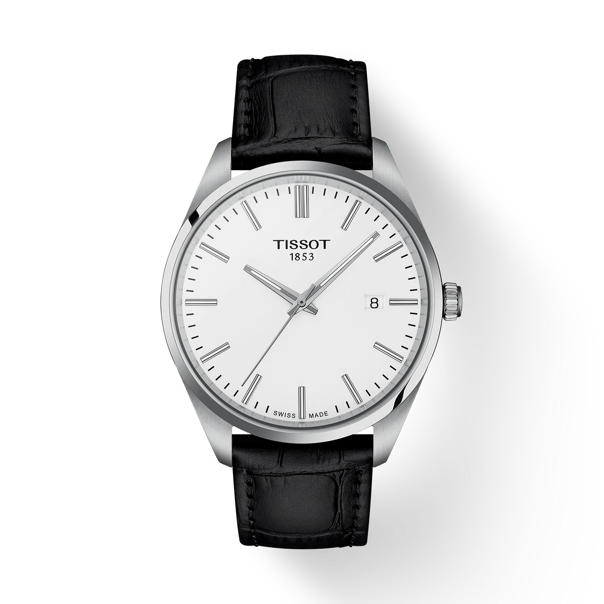 Orologio Tissot PR 100 con cassa in acciaio inox, quadrante bianco e cinturino in pelle nera.