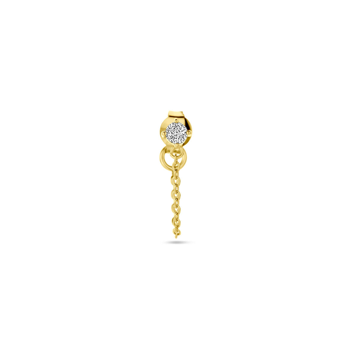 Oorknop van verguld zilver met een zirkonia steen en een kettingdetail.