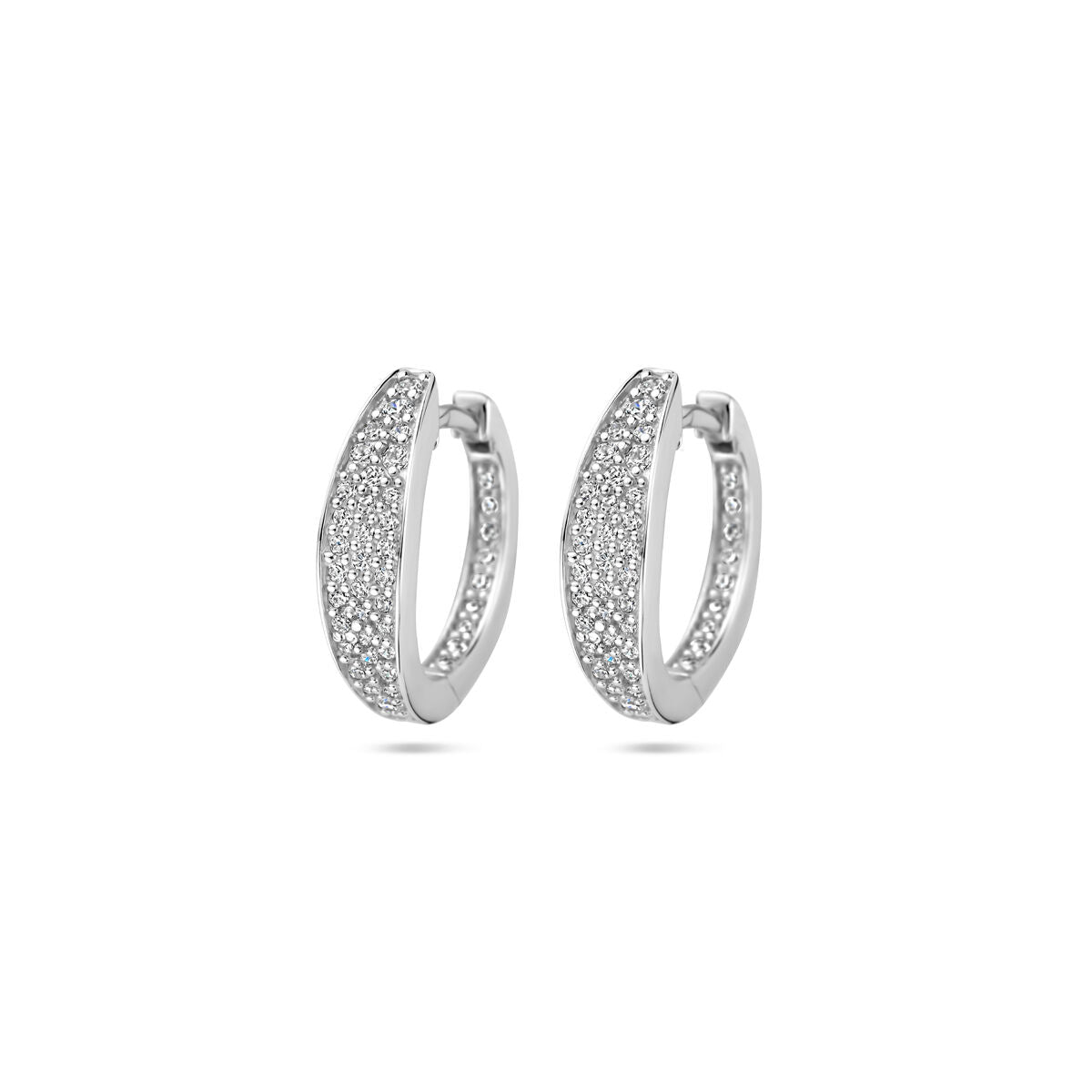 Orecchini alla creola in argento rodiato con zircone, misura 16 mm.