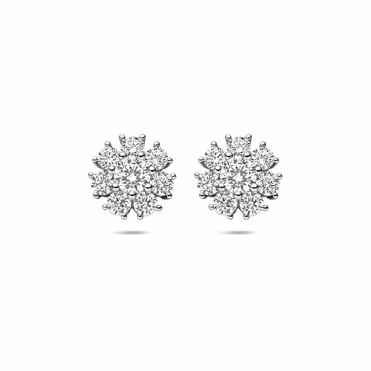 Orecchini in argento rodiato 925 con zirconi, a forma di fiore con petali scintillanti.
