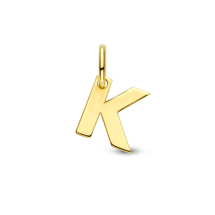 De hangerletter 14K geelgoud uit de Van der Kooij Collectie heeft een gouden hoofdletter K met een oogje voor kettingen. Ideaal voor uw letterhangerscollectie, afgebeeld tegen een witte achtergrond.