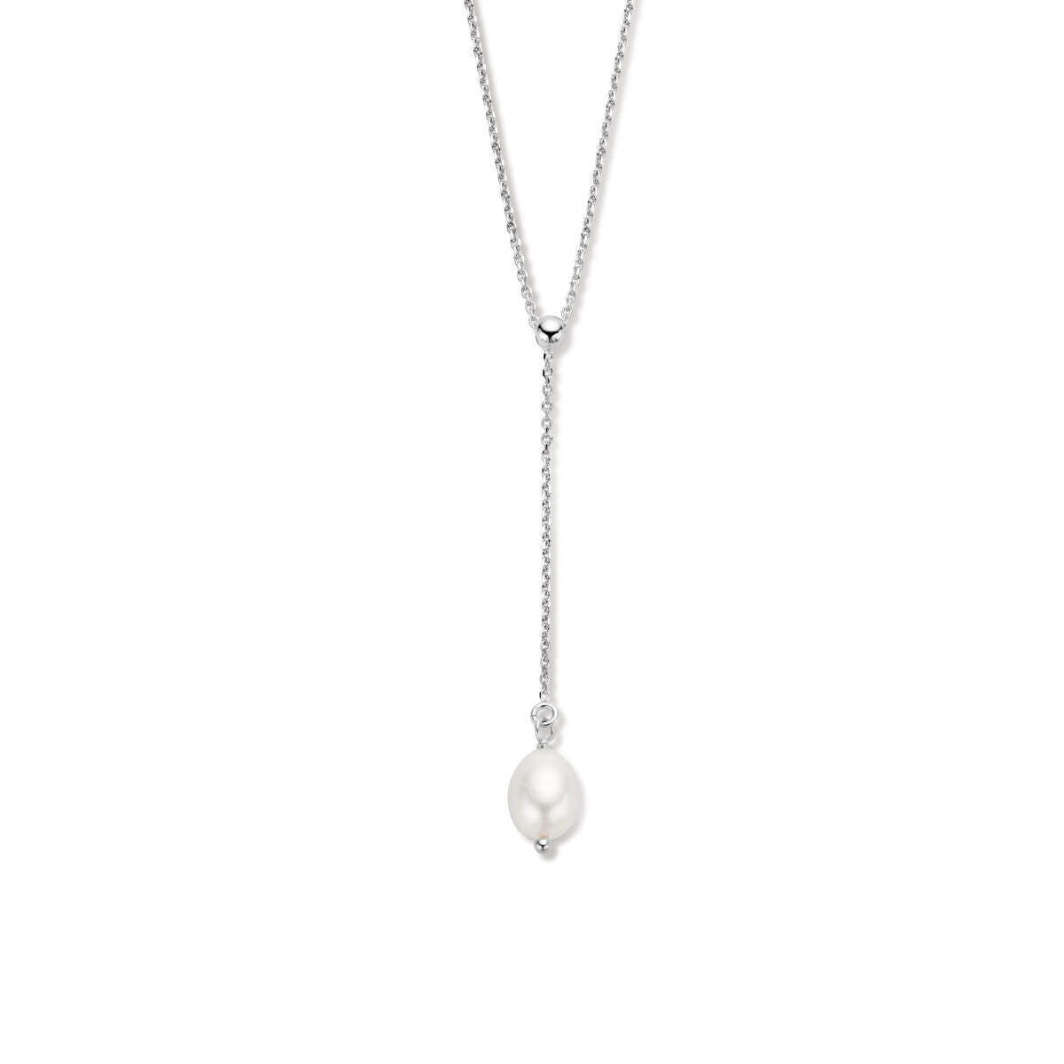 Collana Y in argento rodiato con perla pendente, lunghezza 45 + 5 cm.