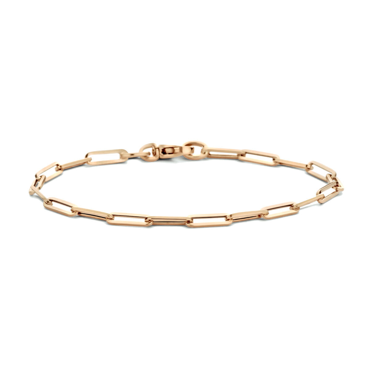 Bracciale in oro rosa 14K con maglie a forma di clip quadrate.