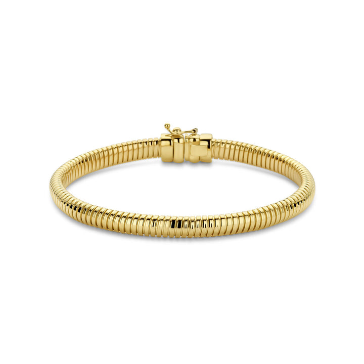 De Van der Kooij Collectie armband omega 5,5 mm 18,5 cm in 14K geelgoud heeft een flexibele geribbelde omega-stijl en een bakslot, getoond op een witte achtergrond.