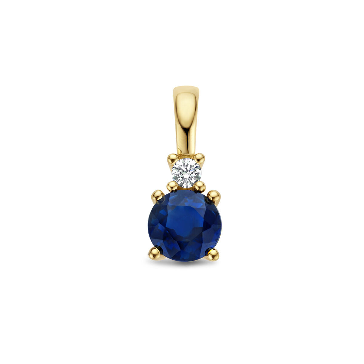 Ciondolo in oro giallo 14K con zaffiro blu e diamante da 0,02 ct.