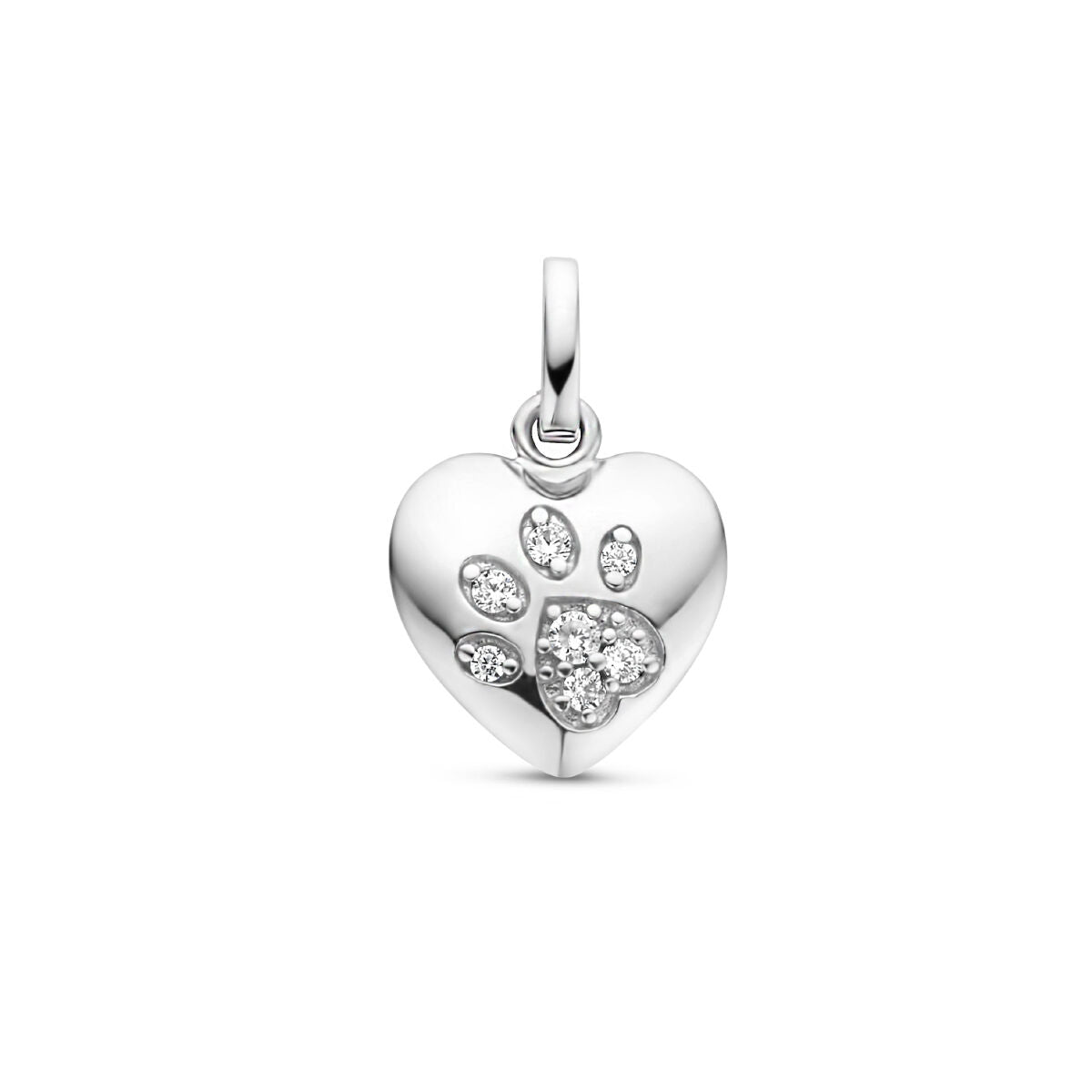 Ciondolo a forma di cuore con impronta di zampa, in argento rodiato e zircone.