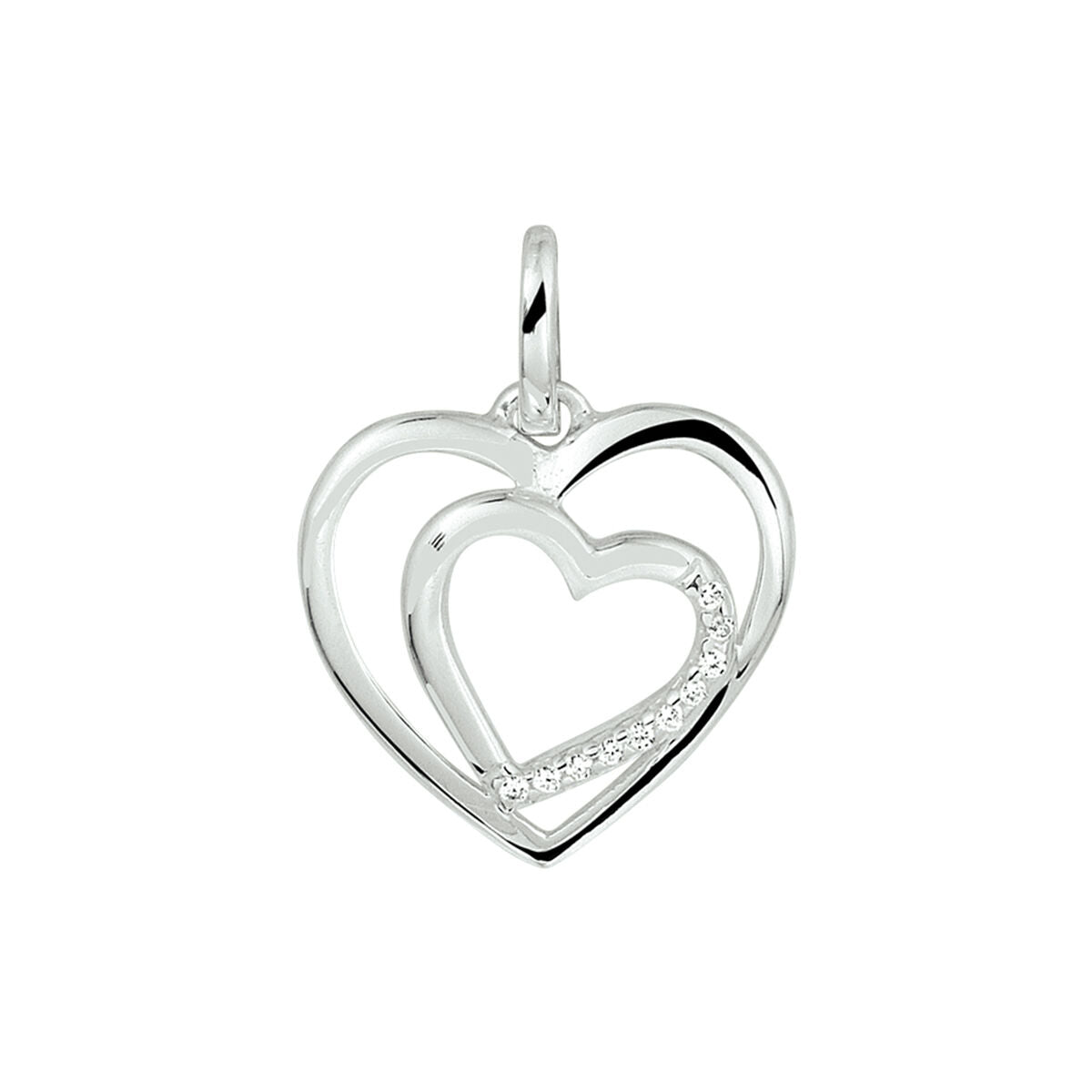 Hanger in de vorm van twee overlappende harten, zilver gerhodineerd met zirkonia steentjes.