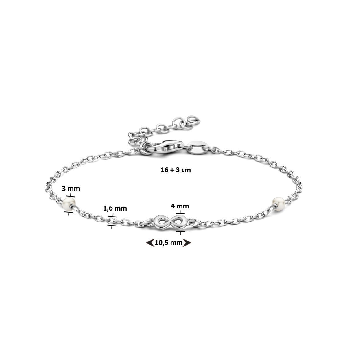 bracciale perla sintetica e infinito 16 + 3 cm argento rodiato