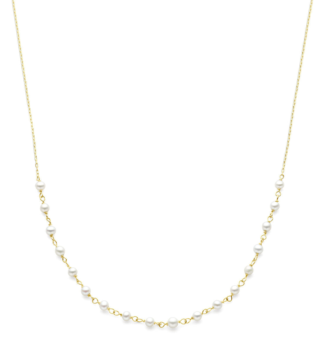 Collana in oro giallo 14K con perle bianche, design delicato e raffinato.