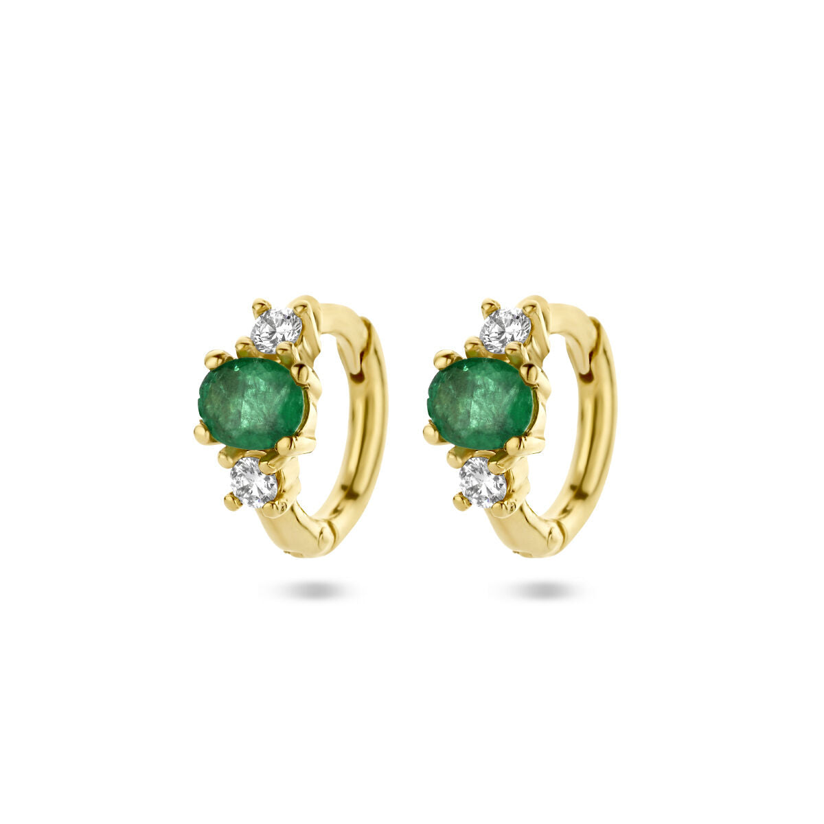 Orecchini alla creola in oro giallo 14K con smeraldo e diamanti da 0,10 ct (2x0,05 ct).