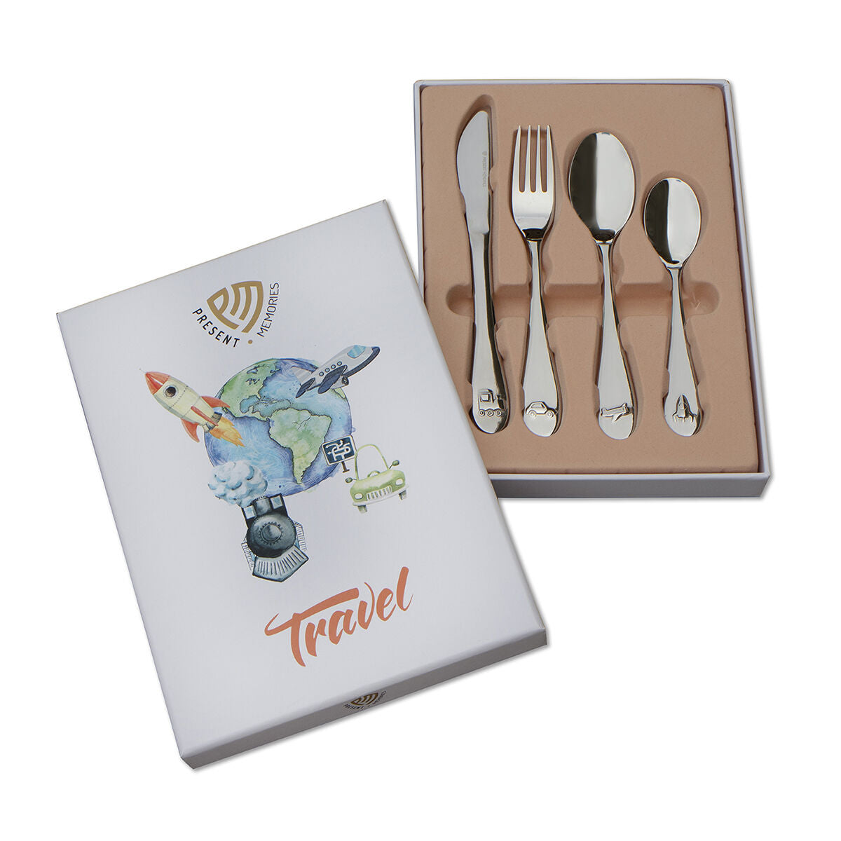 Set di posate per bambini in acciaio inox, composta da coltello, forchetta, cucchiaio e cucchiaino, confezionata in una scatola decorata.