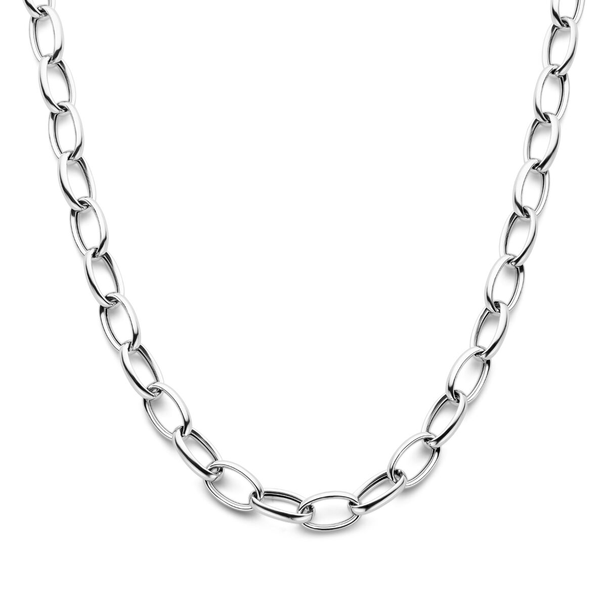 Collana anker in argento rodiato, maglie ovali di 10 mm, lunghezza 43 cm.