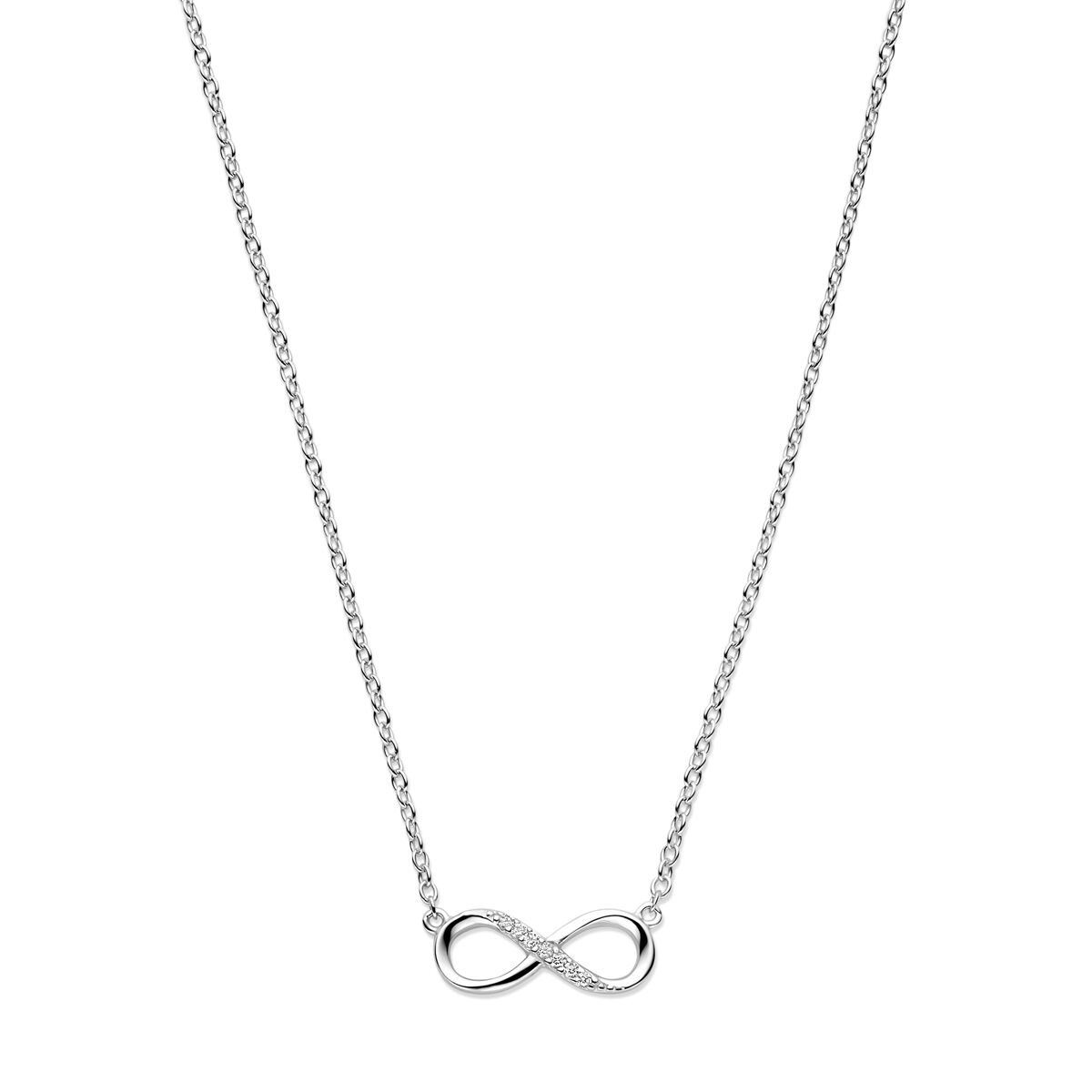 Collana infinity in argento rodiato con zirconi, lunghezza 41 + 4 cm.