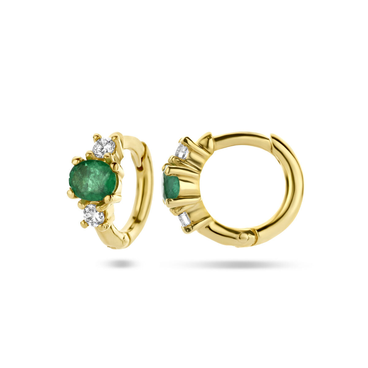 orecchini a cerchio con cerniera smeraldo e diamante 0.10ct (2x0.05ct) h si oro giallo 14K
