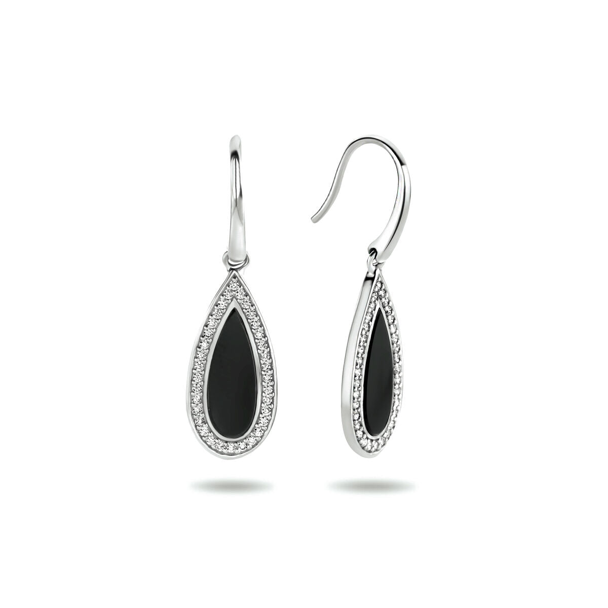 Orecchini pendenti a goccia in argento rodiato con onice e zirconi.