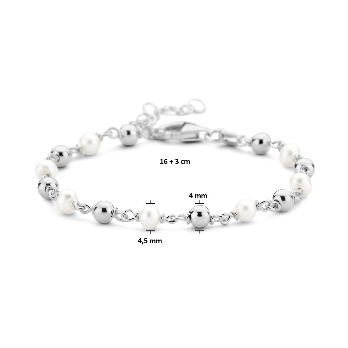 Bracciale perla e palline 16 + 3 cm argento rodiato