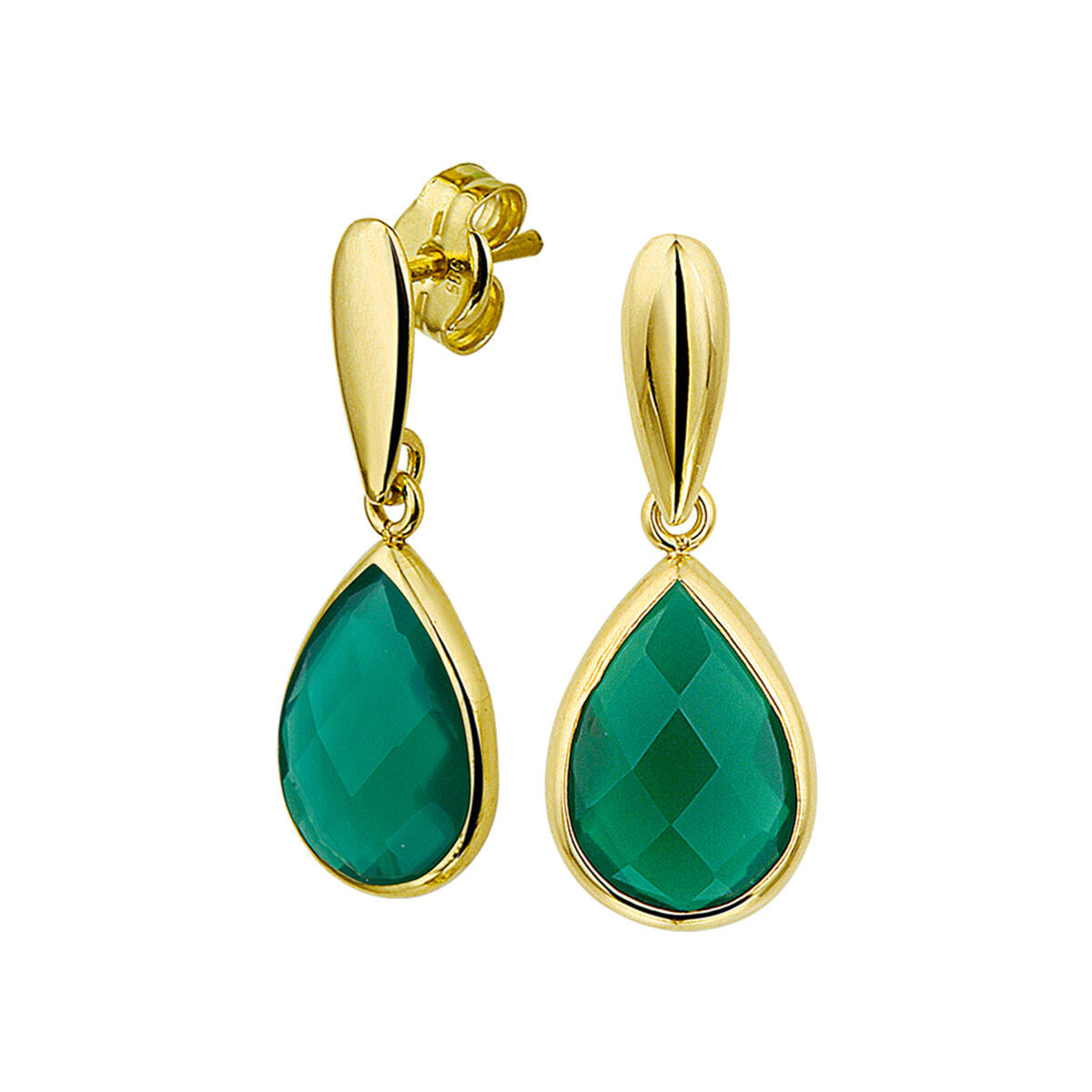 Orecchini in oro giallo 14K con goccia di agata verde sfaccettata.