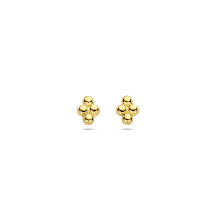 Van der Kooij Collectie oorknoppen bolletjes 14K geelgoud: stijlvolle dames oorbellen met vier ronde bolletjes in een clovervorm, perfect voor alledaagse elegantie. Afgebeeld op een eenvoudige witte achtergrond.
