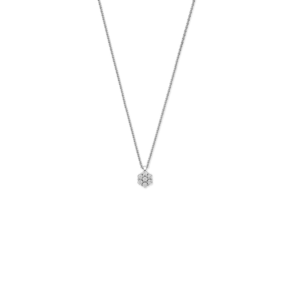 Collana argentata con zirconi, regolabile da 41 a 45 cm, con pendente geometrico.