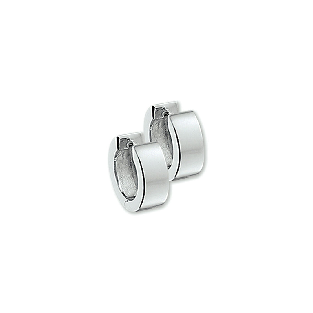 Orecchini alla creola in argento rodiato con finitura liscia.