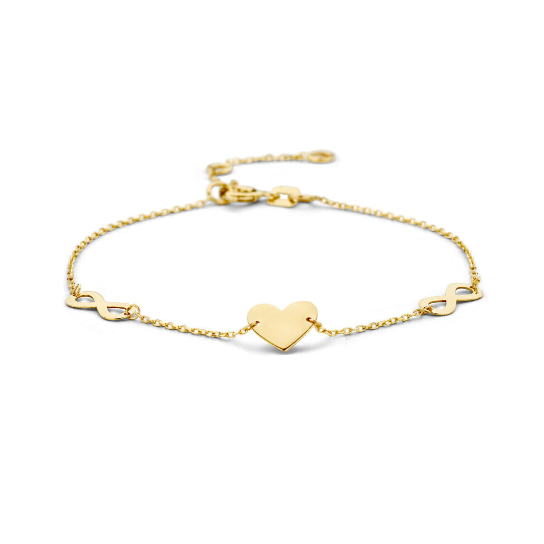 De Gouden armband dames hart en infinity 14K uit de Van der Kooij Collectie heeft een hartvormige bedel en twee infinity symbolen-het perfecte Valentijn cadeau, afgebeeld op een witte achtergrond.
