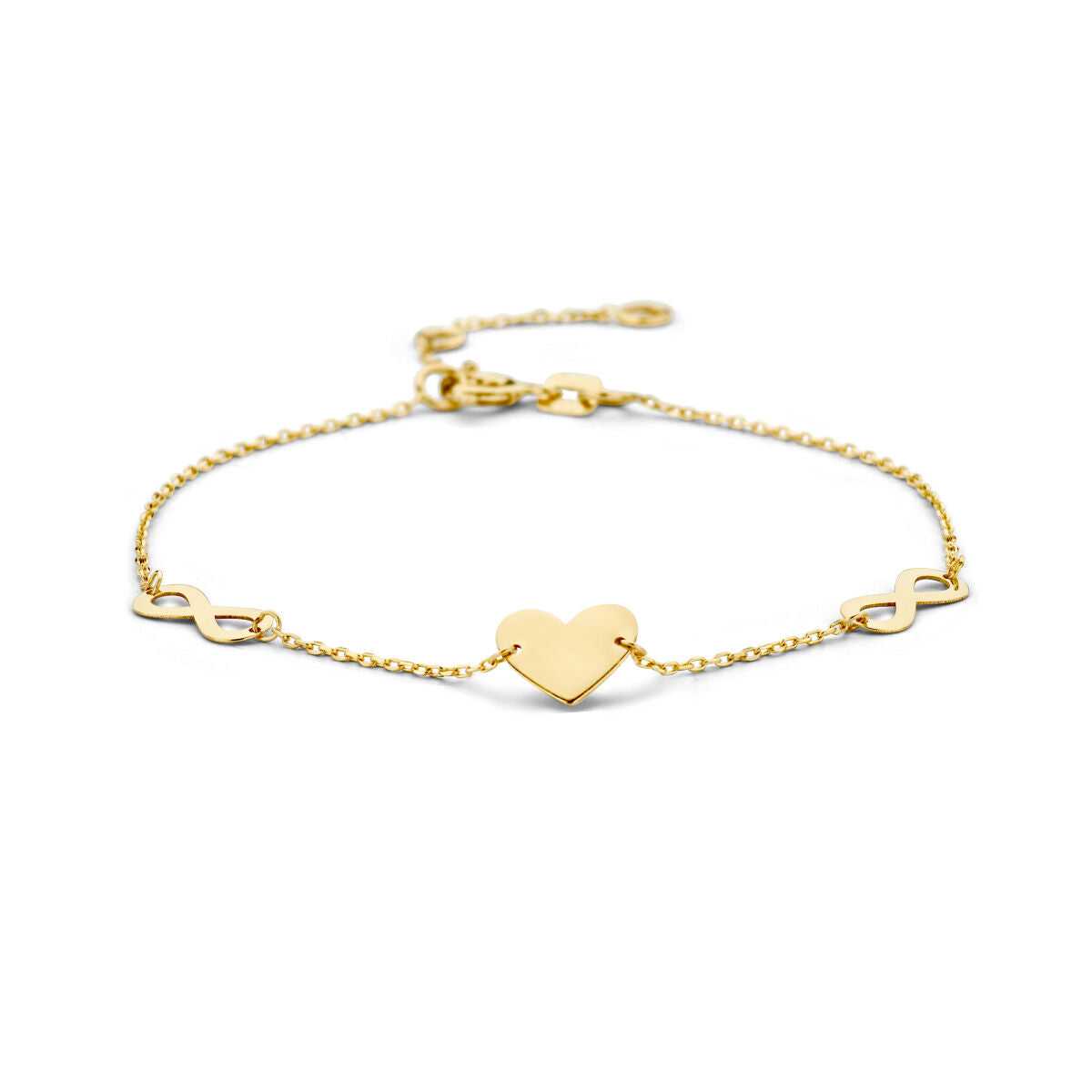 Bracciale in oro giallo 14K con cuore e simbolo dell'infinito.
